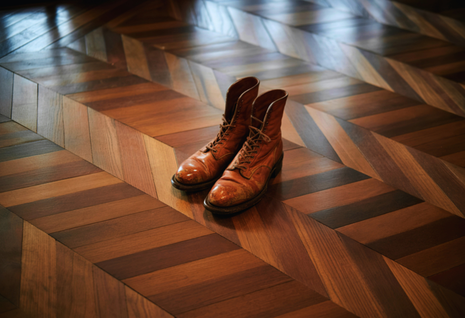chevron wood floor with boots sitting on top